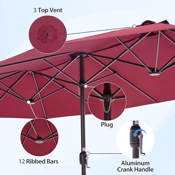 DUMOS 15FT Extra Large Patio Umbrella with Base Included, Rectangle Table Umbrella Outdoor Patio, 12 Sturdy Ribs Triple Head Canopy Outside Umbrellas for Deck, Backyard and Poolside,Garden, Red