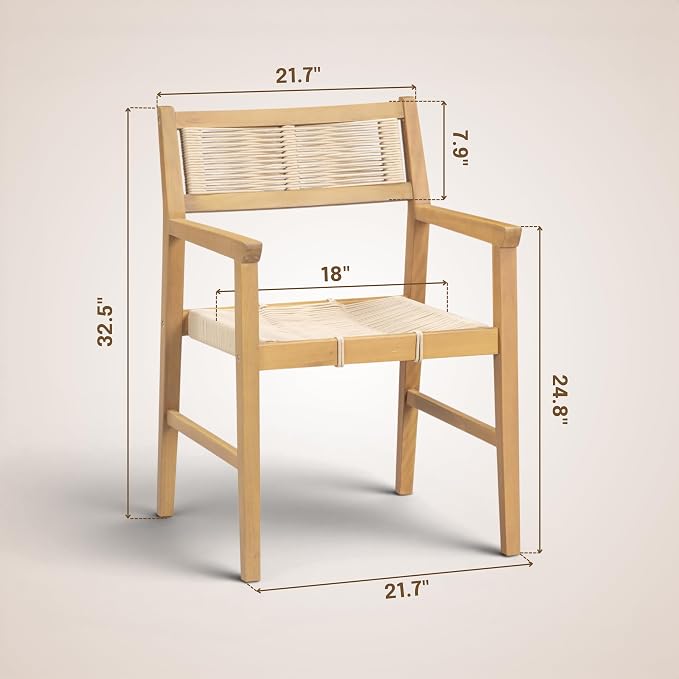 NTC Terra 4 Pieces Solid Wood Armchairs with Handwoven Rope Seat & Back, Indoor & Outdoor Dining Chairs for Patio Dining Sets, Modern Patio Chairs with Arms, Easy Assembly, Natural