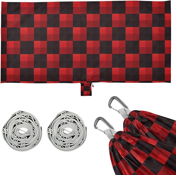 Camping Hammock Outdoor Hammocks for Outside Red Black Check Beach Trees Portable Lightweight with Pockets Tree Straps Indoor Small