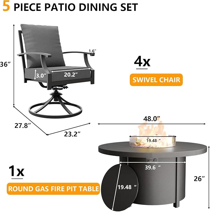 5 Piece Outdoor Dining Set for 6 with 48" Round Propane Fire Pit, Metal Outdoor Table and Chairs with 4 Swivel Chairs and Outdoor Fire Pit, Patio Table and Chairs Set for Patio, Deck, Grey