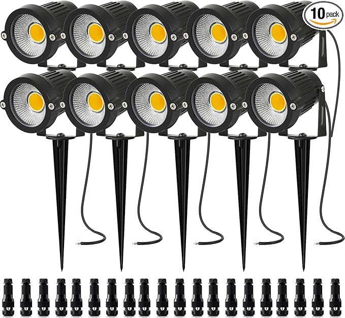 10 Pack Low Voltage Landscape Lights LED 5W Landscape Lighting with connectors AC/DC 12V-24V Outdoor Spotlight IP66 Waterproof Tree Flag Lights Warm White Spotlights for Yard Garden Pathway
