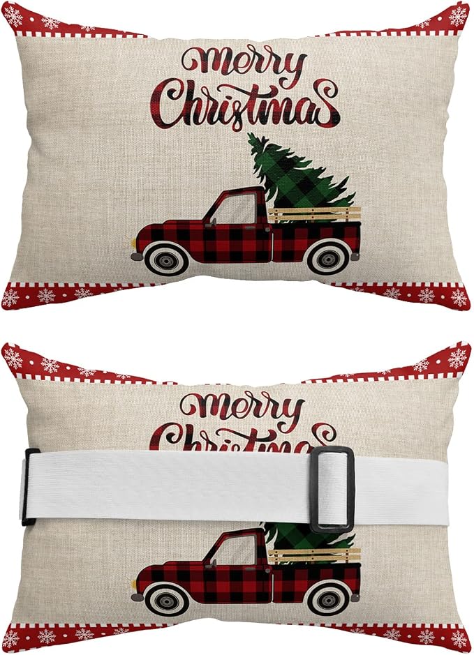 Outdoor Pillows Covers with Inserts Merry Christmas Buffalo Check Plaid Truck Tree Waterproof Pillow with Adjustable Strap Throw Pillows for Patio Furniture Recliner Lounge Chair, 11x16 inch, 1PCS