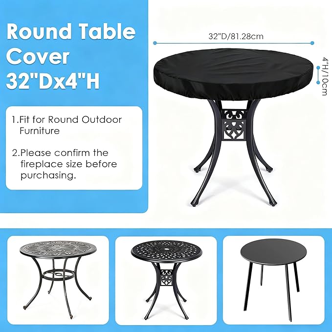 Round Outdoor Table Cover Waterproof Anti-UV Heavy Duty Round Patio Table Covers for Outdoor Furniture, Windproof Outdoor Patio Coffee & Dining Table & Table Top Cover Weatherproof Protector,32"D×4"H