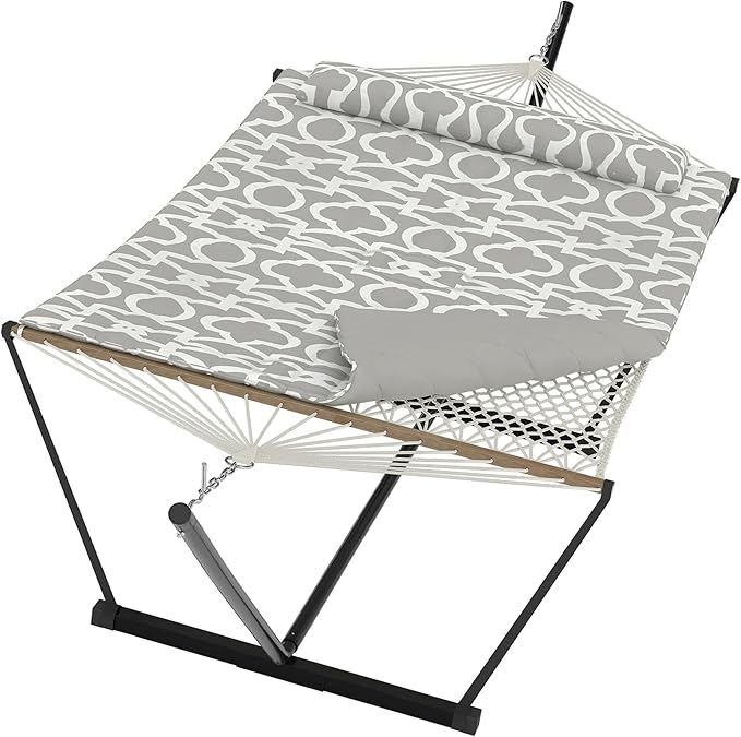 Double Hammock with Stand for Outdoor, Portable Hammock with Soft Pillow, Balance Ropes, for Patio, Garden, Backyard, Beach