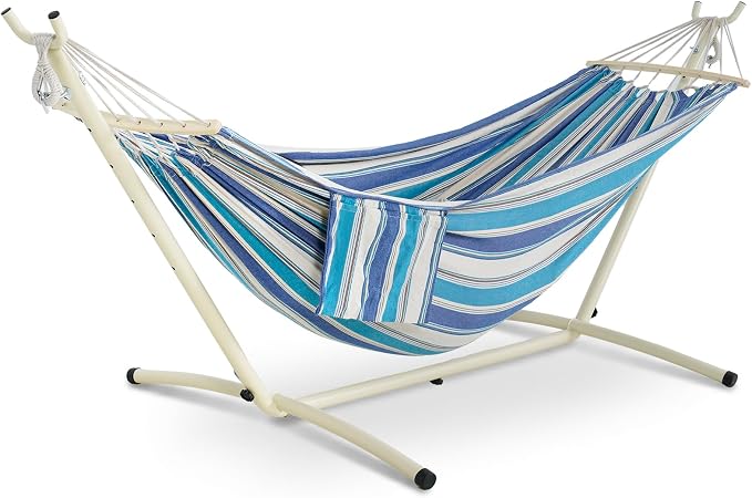 LazyDaze Hammocks Double Hammock with Stand - 2 Person Heavy Duty Outdoor Hammock for Adults, Includes Durable Steel Stand, Portable Carrying Bag and Pillow, Blue Stripes
