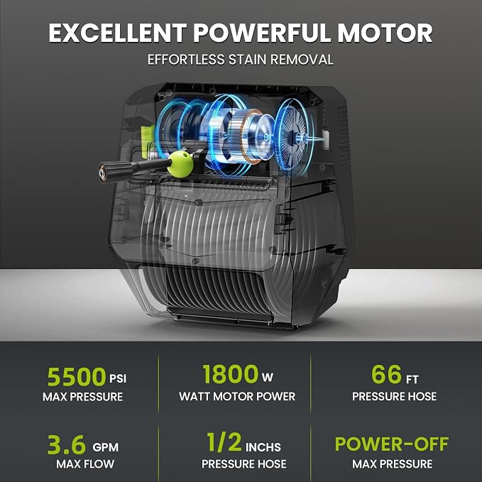 Wall Mounted𝐌𝐀𝐗𝐏𝐒𝐈𝟓𝟓𝟎𝟎 𝐏𝐫𝐞𝐬*𝐬𝐮𝐫𝐞 𝐖𝐚*𝐬𝐡𝐞𝐫 - 5 Levers with 66FT Retractable Hose for Car/Driveway,Automatic Rewind, Any Length Lock,Black