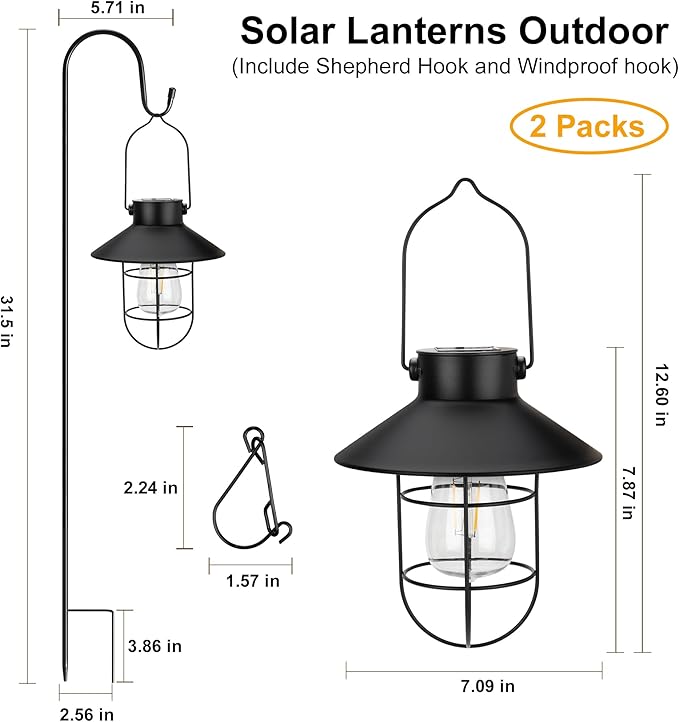 pearlstar 2 Pack Solar Lights Outdoor, Hanging Solar Lanterns with Edison Bulb and 2 x 32 Inch Shepherd Hooks, Waterproof Landscape Lighting for Garden Patio Yard Pathway Driveway Lawn (Black)