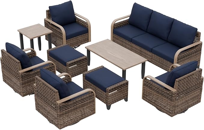 EAGLE PEAK Modern Wicker Outdoor Patio Furniture Set, Patio Conversation Set, 4 Swivel Rocker Chairs, 3-Seat Loveseat, 2 Ottomans, Coffee Table and Side Table, 9 Pieces, Brown/Blue