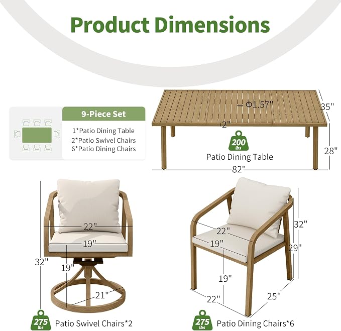 Outdoor Dining Set,9-Piece Patio Dining Table Set for 8 with Rectangular Table and 6 Thick Cushion Dining Chair & Swivel Chair, Aluminum Patio Furniture Set for Backyard, Garden (Brown)