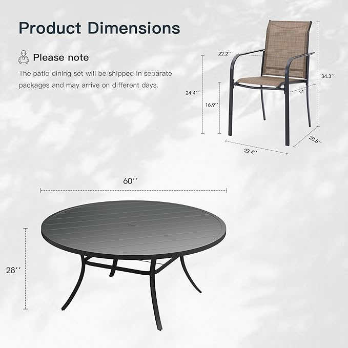 VICLLAX 11 Pieces Patio Outdoor Dining Set, 60" Round Metal Table with Umbrella Hole and 10 Stackable Textilene Chairs for Patio, Lawn, Garden, Porch, Black/Brown