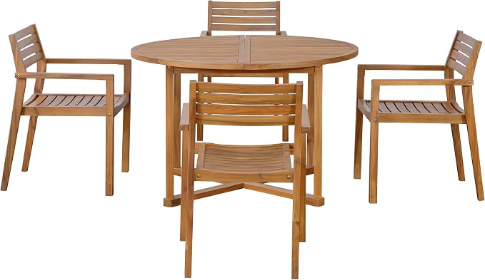 5-Piece Outdoor Dining Set with 4 Acacia Wood Chairs,47.2" Round Dining Table with Umbrella Hole, Ideal for Patios, Gardens, Poolsides, and Lawn Areas & Indoor, Natural