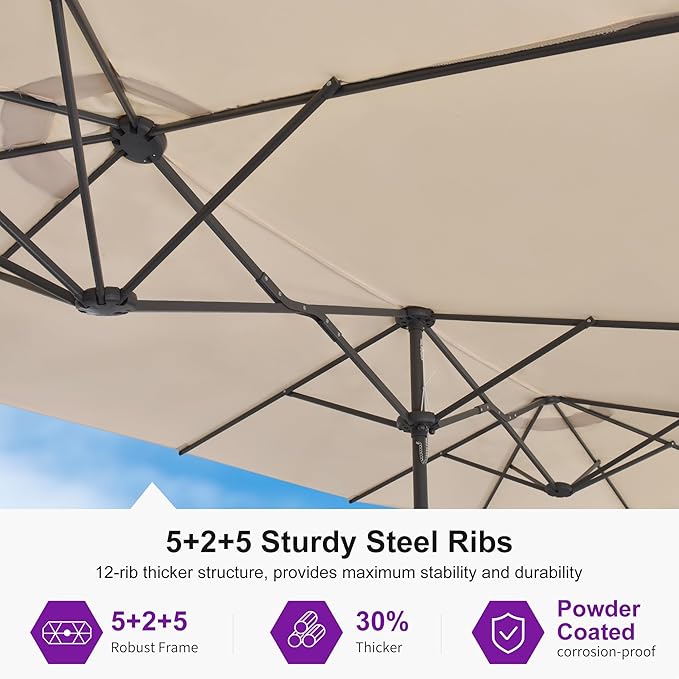 PURPLE LEAF 13ft Double-Sided Patio Umbrella with Base Included Market Rectangle Umbrella Outdoor Table Umbrella with Crank for Pool Garden Deck, Khaki