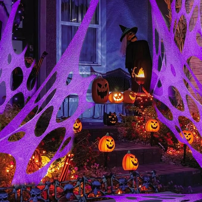 Glow in The Dark Purple 1000 Sqft Uncut Giant Spider Web Halloween Decorations Outdoor with 1 Black Light &10 Ground Nails Stretchy Beef Cloth Netting DIY for Yard Party