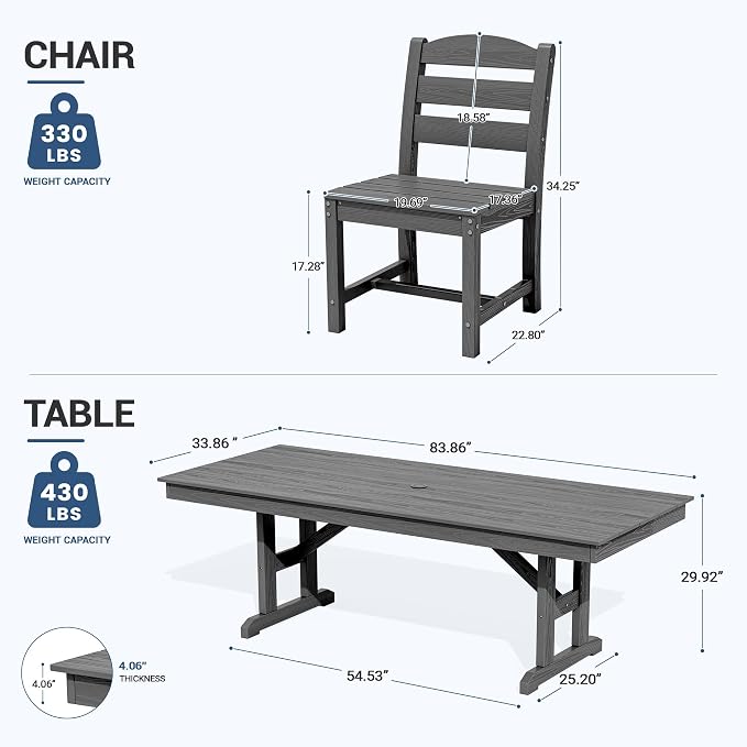 KINGYES Outdoor Dining Table,84 inch HDPE Rectangular Patio Table with Umbrella Hole，Waterproof Patio Furniture for Backyard,Grey