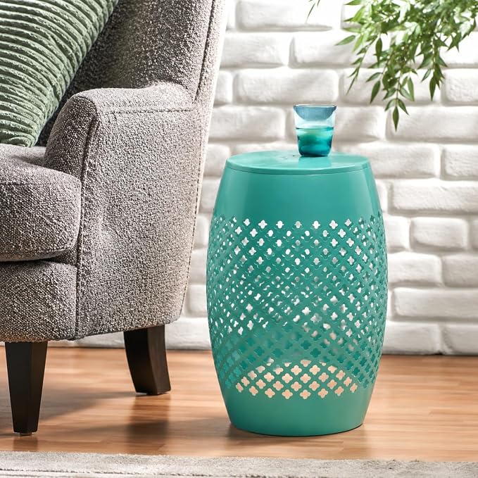 12" Outdoor Side Table, Decorative Cutout Metal Round Side Table, Multi Functional - Coffee Table, Night Stand, Plant Stand for Patio, Garden, Backyard, Gazebo Indoor (Green)