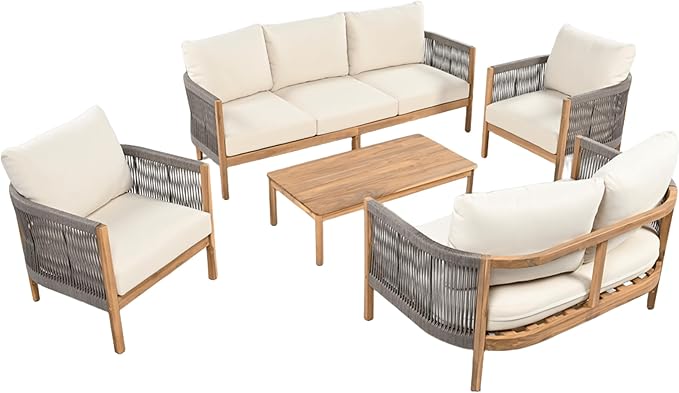 Christopher Knight Home Havets 5 Pieces Outdoor Acacia Furniture Set, Woven Rope Loveseat and Accent Club Chairs, 6" Thick Cushions Sofa and Coffee Table Set for Backyard Garden Balcony, Gray+Beige