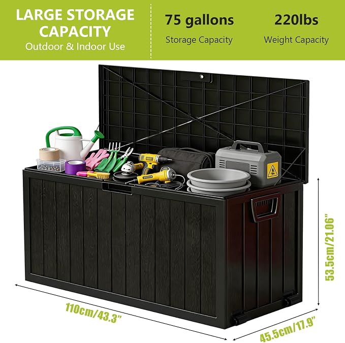 75 Gallon Outdoor Storage Box, Deck Boxes Outdoor Waterproof, Package Delivery Boxes For Outside, Patio Storage Box For Garden, Doorstep, Camping, Black(Black, 75, Gallons)