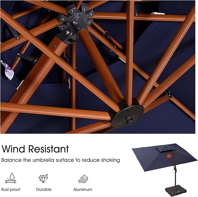PURPLE LEAF 9' X 12' Double Top Deluxe Wood Pattern Rectangle Patio Umbrella with Base Offset Hanging Umbrella Outdoor Market Umbrella Garden Umbrella, Navy Blue