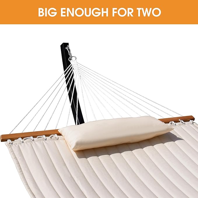 Lazy Daze Hammocks 12 FT 2 Person Double Quilted Hammock with Curved Steel Heavy Duty Stand and Pillow for Outside, Backyard, Patio, 450 Lbs Capacity, Cream