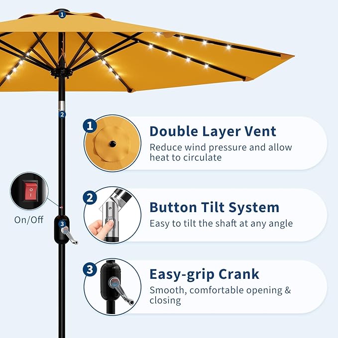 Garvee 9/10 FT Solar Patio Umbrella with 32 LED Lights - Outdoor Table Umbrella with Crank Lift, Push Button Tilt and 8 Sturdy Ribs - Market Umbrella UV Protection for Pool, Deck, Yard, Garden
