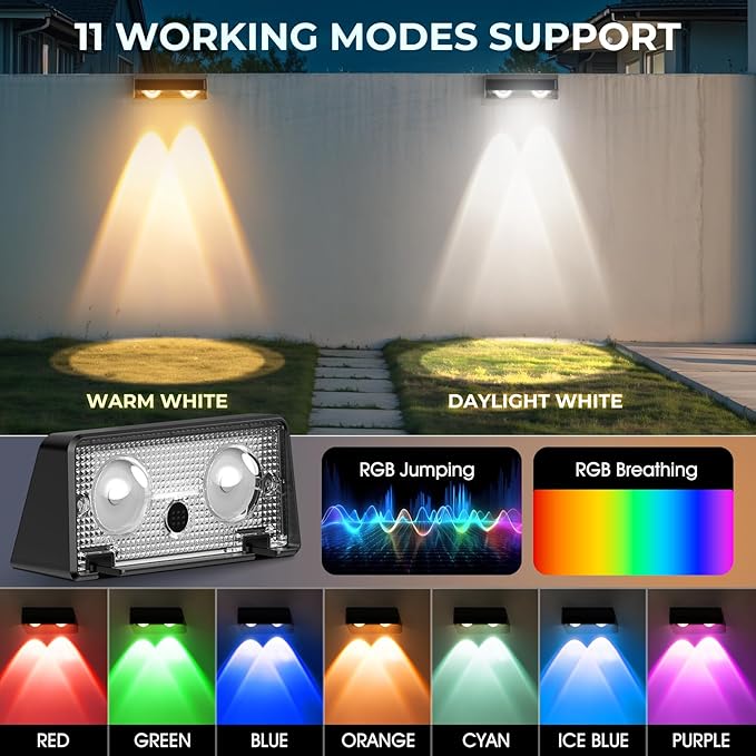 Fence Lights Solar Powered, Led Solar Fence Lights Outdoor IP65 Waterproof, Warm/Cool White and RGB Colors Changing Solar Wall Lights for Garage Backyard Railing Step Patio Pool - 8Pack
