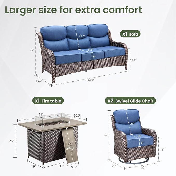 Luxury Patio Furniture Set with 6-inch Thick Cushion, Outdoor Furniture with Fire Pit Table, Swivel Chairs, Sofa, 4pcs Wicker Conversation Set for Deck Yard and Poolside(Blue)
