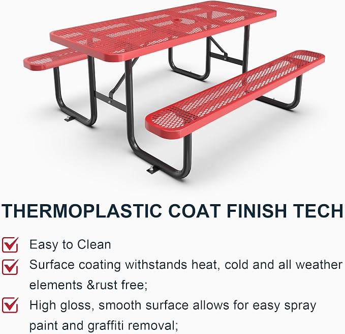 KEIKI 72" Heavy-Duty Metal Picnic Table with Benches, Commercial Outdoor Steel Table with 2.12" Umbrella Hole, 2.5mm Mesh Top, Rust-Resistant Coating, Patio Backyard Park Dining Furniture, Red