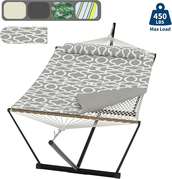 Double Hammocks with Stand for Outside, Heavy Duty Portable Outdoor Hammock with Soft Pillow & Paded, 450 LBS Weight Capacity, Perfect for Outdoor Indoor Patio Backyard Garden