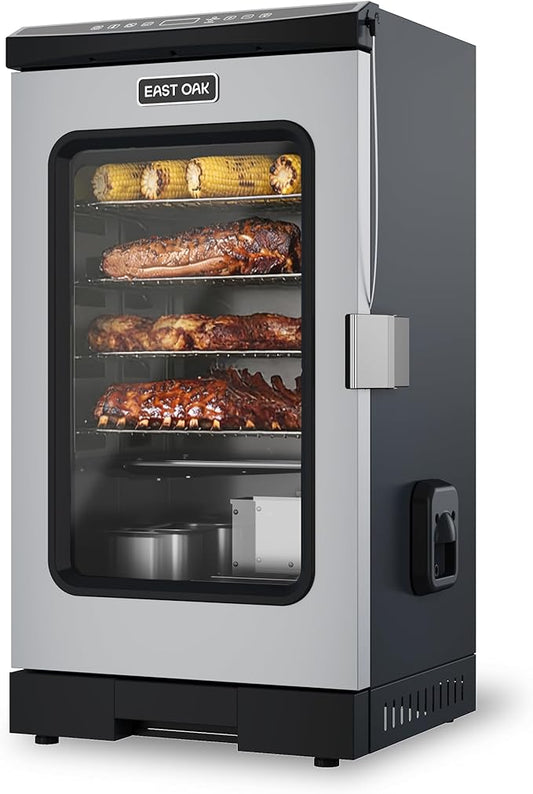 EAST OAK 30" Electric Smoker for Outdoors | Built-in Meat Probe Up to 6× Longer Smokes on a Single Load | Side Chip Loader for Smoking | Bigger Batches with 725 sq in Cooking Area, Mist Silver