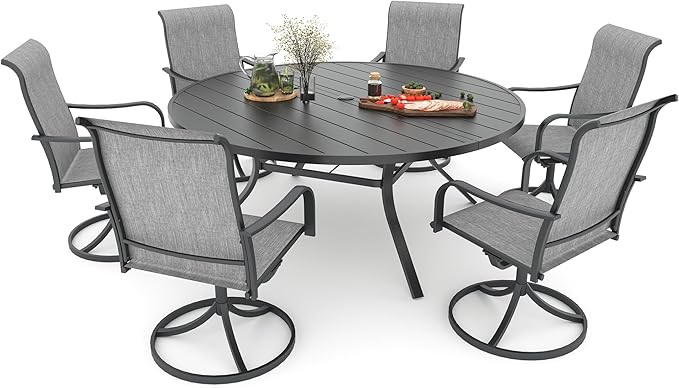 Anmutig 7-Piece Outdoor Dining Set, 58'' Round Table with 6 Swivel Chairs All Weather Furniture Set - Grey Style2