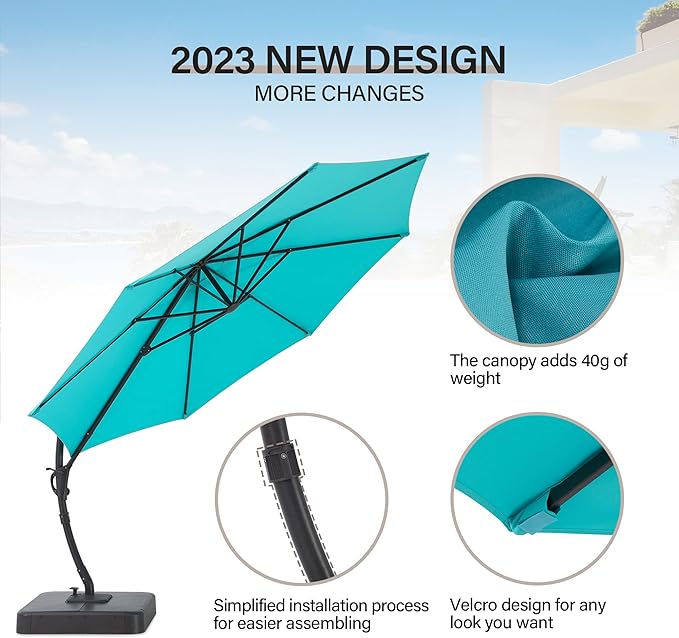 EO Living Outdoor Patio Umbrella with Base included, 11 FT Deluxe Curvy Cantilever Umbrella Heavy Duty Offset Hanging Umbrella with 360° Rotation for Pool, Garden, Backyard, Deck (Turquoise Blue)