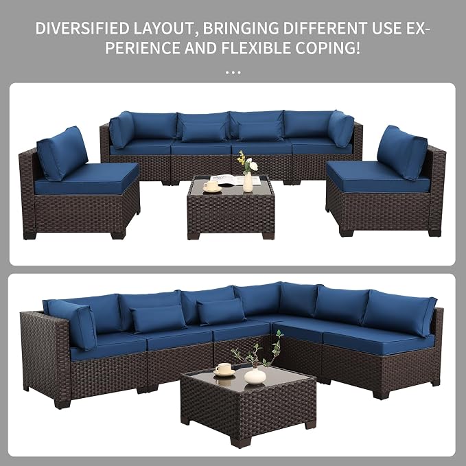 Rattaner Outdoor Sectional Sofa Set 7 Pieces Wicker Patio Furniture Couch Glass Table with Non-Slip Cushions Furniture Cover, Navy Blue