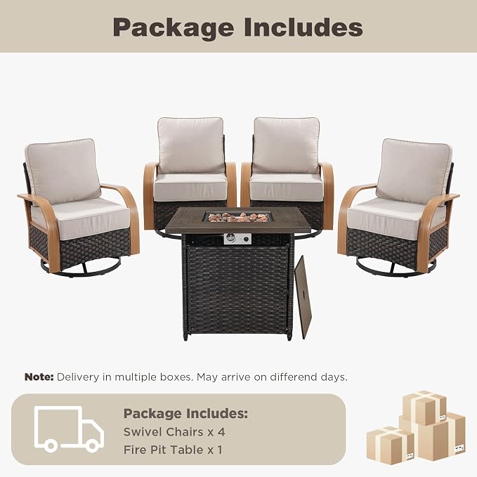 Belord 5 Piece Patio Furniture Set with Fire Pit Table, 4 Outdoor Swivel Chairs All Weather Conversation Set with 6-Inch Thick Cushions, Wicker Furniture for Deck Proch Pool Yard, Wood & Beige