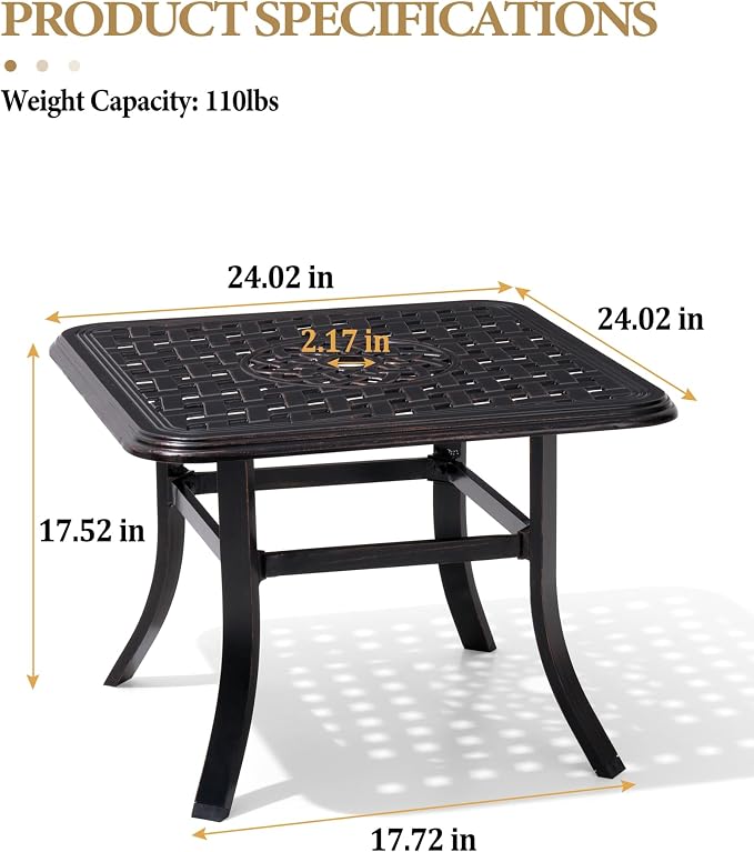 Crestlive Products Cast Aluminum Patio Side Table Outdoor Square Anti-Rust Small Table with Umbrella Hole, Coffee Bistro Table，Market Umbrella Table, 24’’x 24’’, Black with Bronze Spot