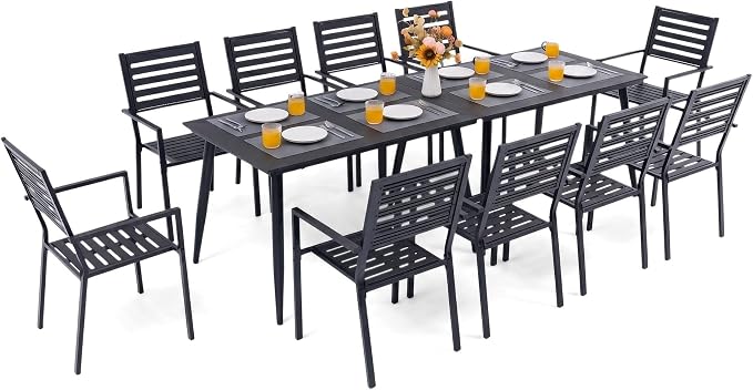 12 Piece Outdoor Dining Set All Weather Patio Dining Set with HDPE Wood-Like Tabletop, Rustproof Metal Outdoor Table and Chairs with 10 Stackable Chairs for Garden Backyard, Black