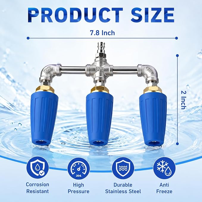 Triple Turbo Nozzle Pressure Washer, 360° Rotating Pressure Washer Nozzle 4000 PSI with 1/4" Quick Connector, 2.0 Orifice 3-In-1