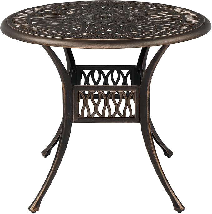 VINGLI 35" Patio Dining Table, Cast Aluminum Round Outdoor Dining Table with Umbrella Hole Outdoor Bar Table, Outdoor Bistro Table Outdoor Furniture Garden Table (35.4”Diax29.5”H)