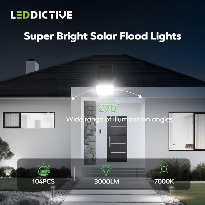 Leddictive 2 Pack LED Solar Lights Outdoor 7000K, 3500LM Solar Powered Flood Lights with 3 Modes, Dusk to Dawn Outdoor Lighting with Remote, IP65 Waterproof, 16.4 Ft Cable for Yard Garage Porch