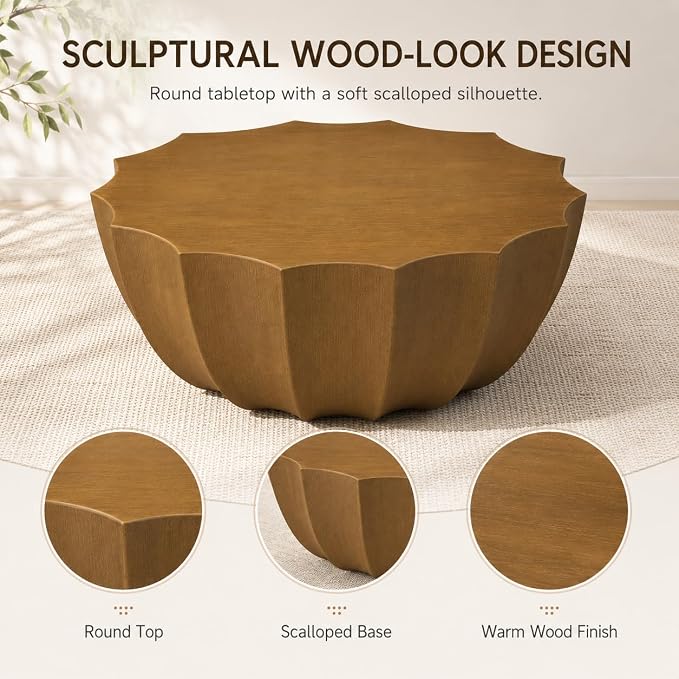 35.43" Concrete Outdoor Table,Modern Round Stone Coffee Table,Waterproof Outdoor Coffee Table for Patio for Terraces, Gardens, Backyards and Living Rooms (Natural, 35.43")