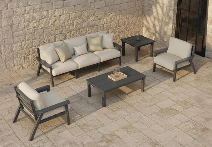 7 Piece Patio Conversation Sets, Outdoor Couch with Washable Thick Beige Cushions, HDPE Patio Furniture Set, Outdoor Sectional Furniture for Backyard, Deck, Lawn, Porch (Grey Frame)