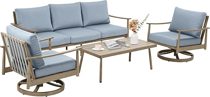 4 Pieces Patio Furniture Set, Aluminum Outdoor Patio Furniture Sets, 2 Swivel Chairs and 3 Seater Couch with Thick Cushion, Patio Conversation Set for Backyard Deck Poolside, Blue & Brown