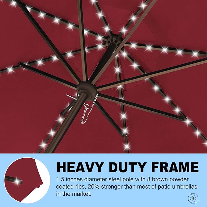 Eurmax USA 10-Year-Non-Fading 10FT 3-Tier Outdoor Patio Market Umbrella with LED Lights,UPF50+ UV Resistant,Commercial Grade,Crank Lift Design,Windproof Vented Top for Garden,Pool,Deck,Burgundy