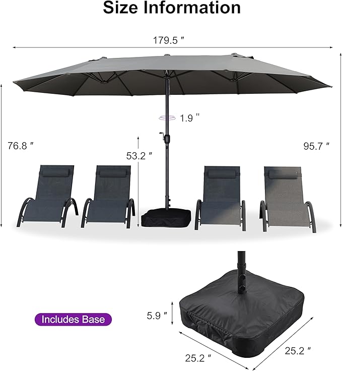 PURPLE LEAF 15ft Patio Market Umbrella with Base Double-Sided Rectangle Outdoor Table Sun Umbrellas with Crank 12 Heavy Duty Sturdy Ribs for Pool Beach Deck Backyard Gray