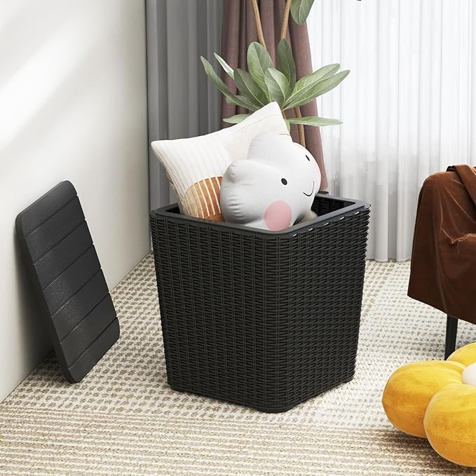 MEDIMALL Resin Wicker Patio Side Table with Lid, 11.5-Gallon Outdoor Deck Box with Concealed Storage Space, Small Square Coffee Table End Table for Porch, Garden, Poolside, Brown/Black (black)