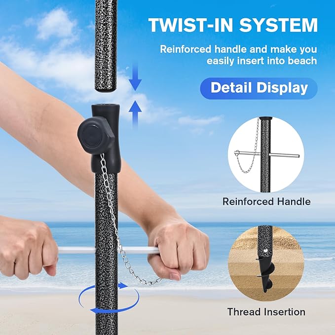 8.5FT Beach Umbrella, Portable Outdoor Umbrellas for Sand with Anchor Heavy Duty High Windproof, Height Adjustable Tilt Iron Pole, Patio Umbrella UV 50+ Protection Air Vent, Patio Garden Pool