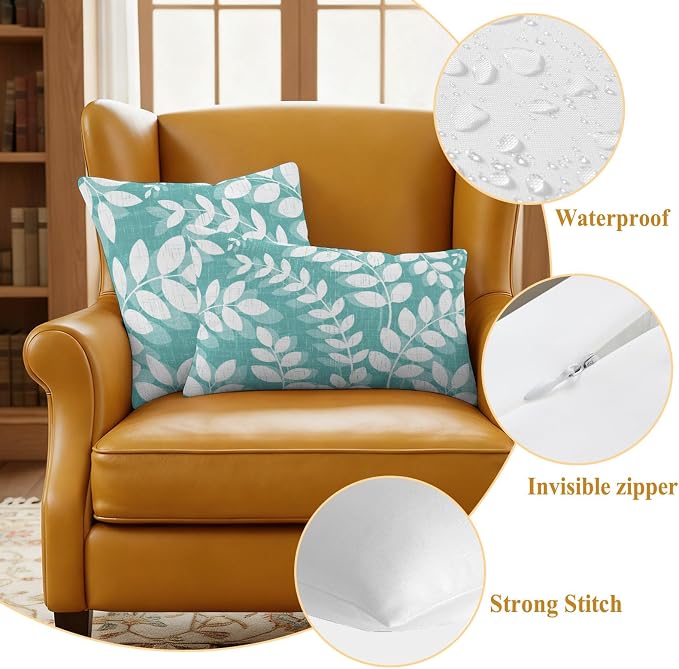 Teal Green Leaves Outdoor Waterproof Throw Pillow Covers 20x12 Set of 2, Farmhouse Botanical Branch Vintage Boho Leaf Decorative Pillowcases Cushion Pillowcase for Couch Sofa Patio Pillow Protector