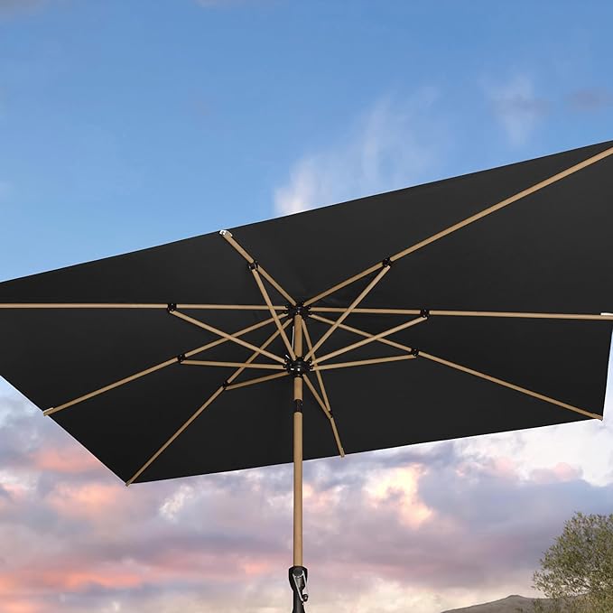 PURPLE LEAF 6.5' x 10' Patio Umbrella with Base Market Umbrella Rectangular Outdoor Umbrella with Push Button Tilt & Crank and 8 Ribs Aluminum Table Umbrella for Pool Backyard Beach, Black