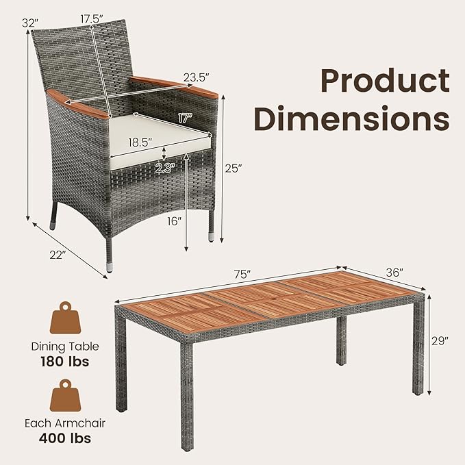 KOTEK 9 Piece Outdoor Dining Set, Wicker Patio Dining Set for 8 with Acacia Wood Table & Chairs, 1.96'' Umbrella Hole, Patio Table and Chairs Set for Backyard, Deck, Garden (Mix Grey)