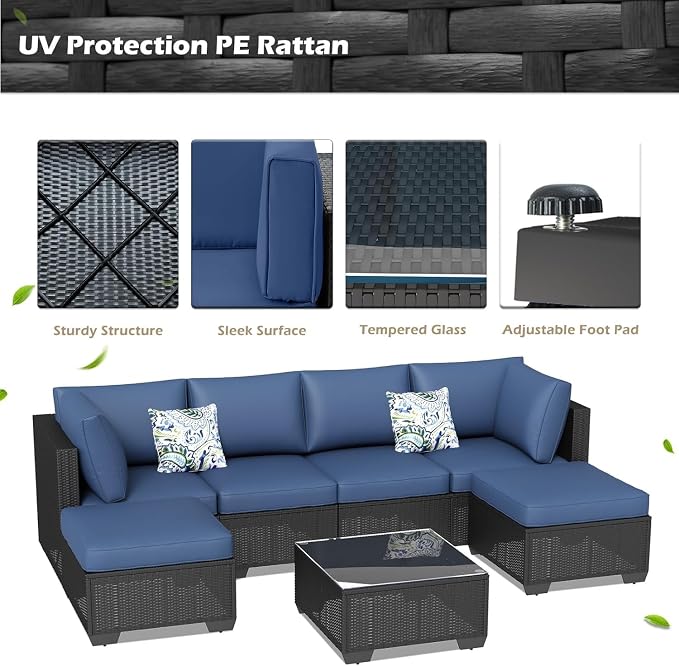 7 Piece Outdoor Patio Furniture Set with Cushions, PE Rattan Wicker Sectional Furniture Chair Set with Tea Table, Modular Patio Sofa for Garden, Backyard, Balcony Outdoor Lounge Area(Blue2)
