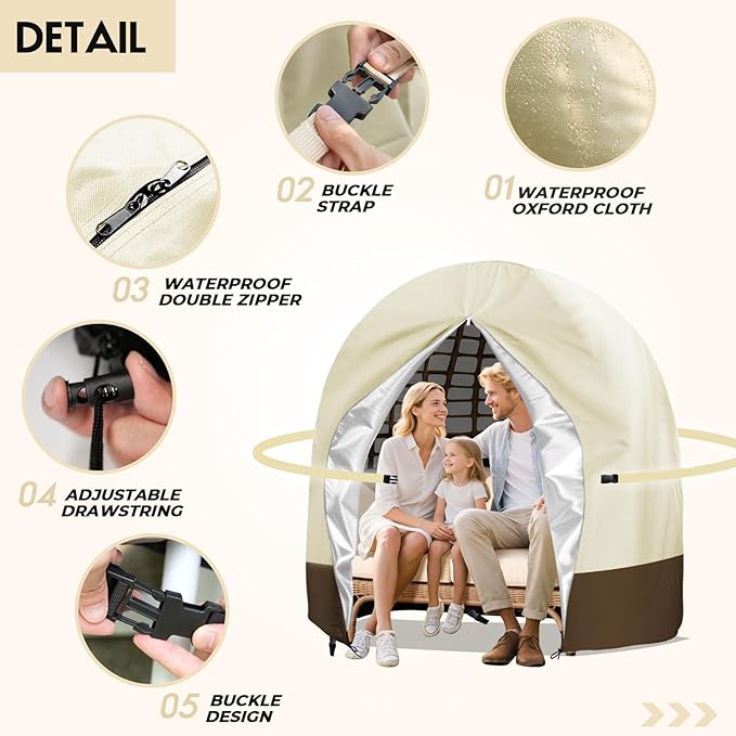 Double Egg Chair Cover Waterproof 420D Oxford Hanging Outdoor Furniture Covers for Patio Wicker Egg Swing Cocoon Chair, 91x80 Inches,Beige